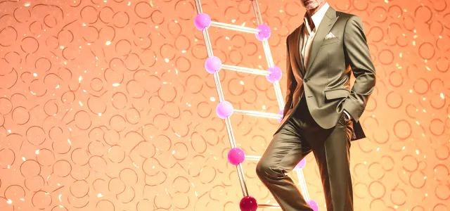 Successful, confident, well-dressed business man on a futuristic ladder.