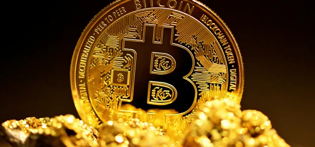 a bitcoin sitting on top of a pile of gold nuggets by Kanchanara courtesy of Unsplash.